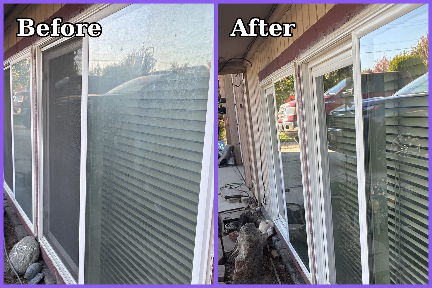 Before and after of a row of front windows, hazy then clear