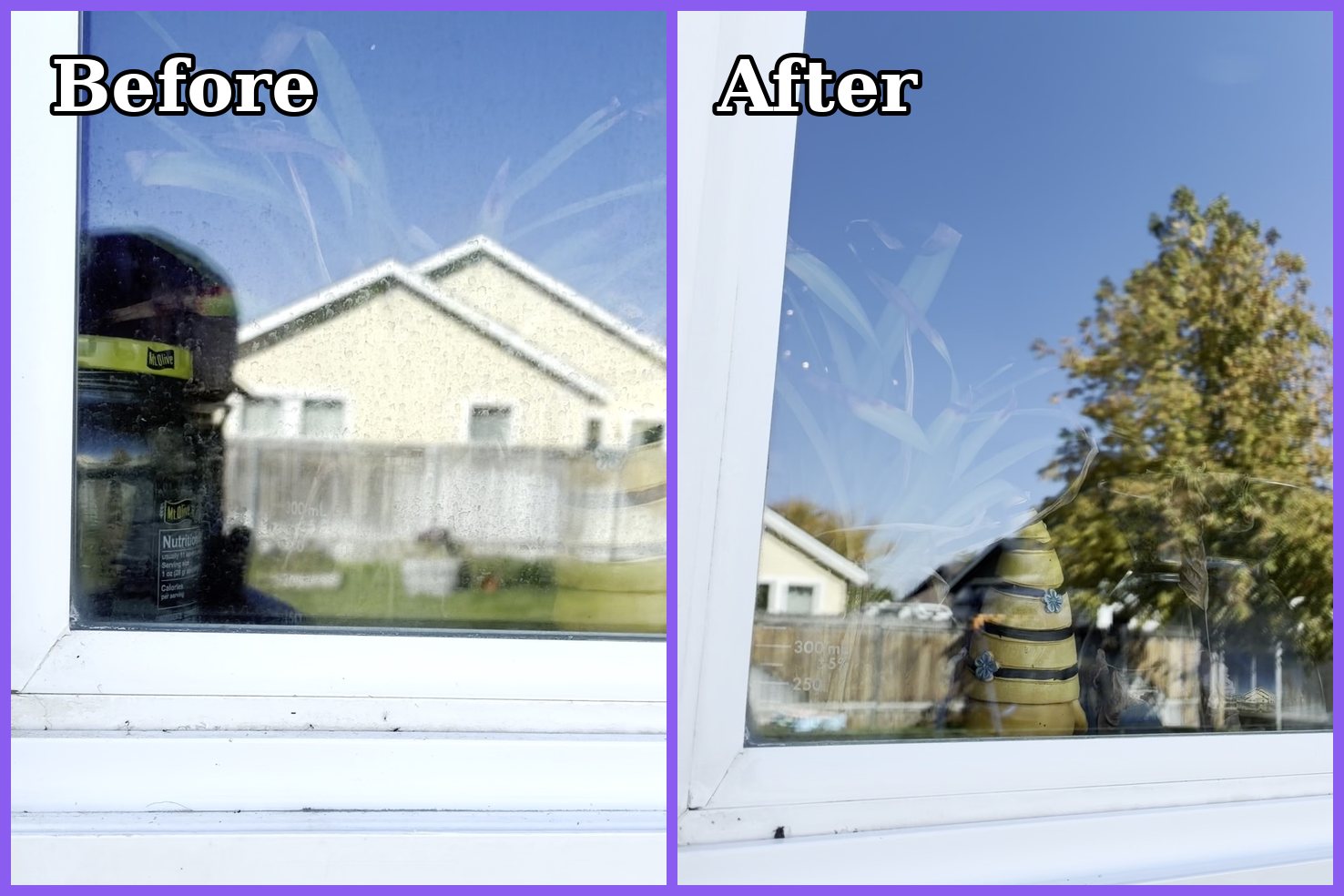 Before and after of an exterior window, covered in water spots then clear