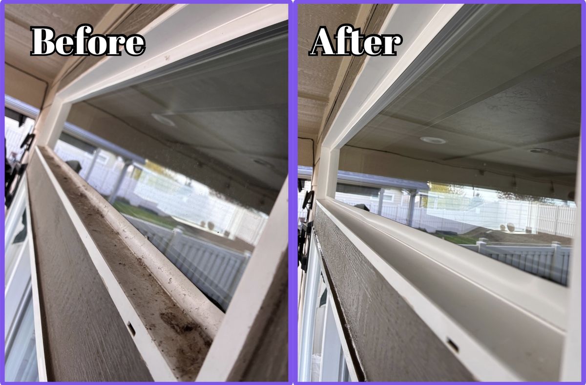 Before and after of a window sill, dirty then spotless